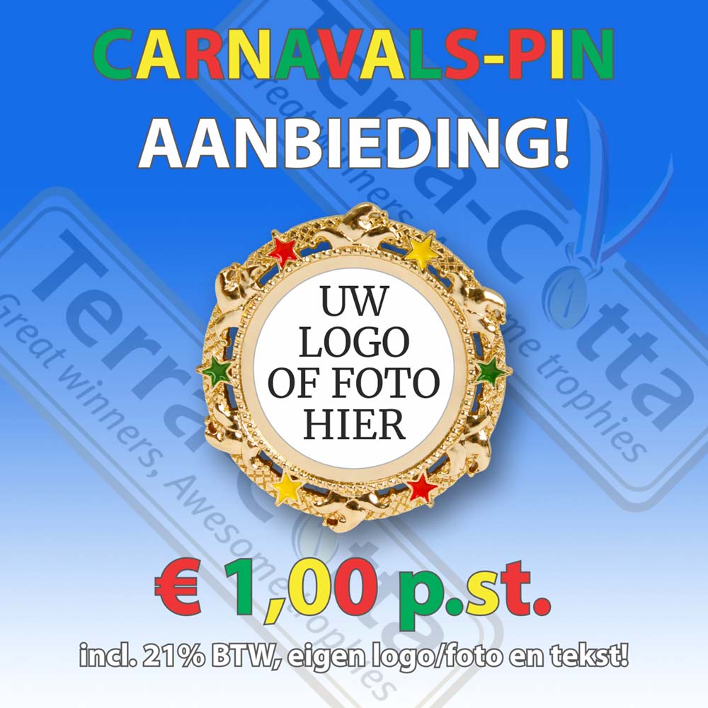 Superaanbieding Carnavals-pins goudkleurig met uw eigen logo of foto en tekst